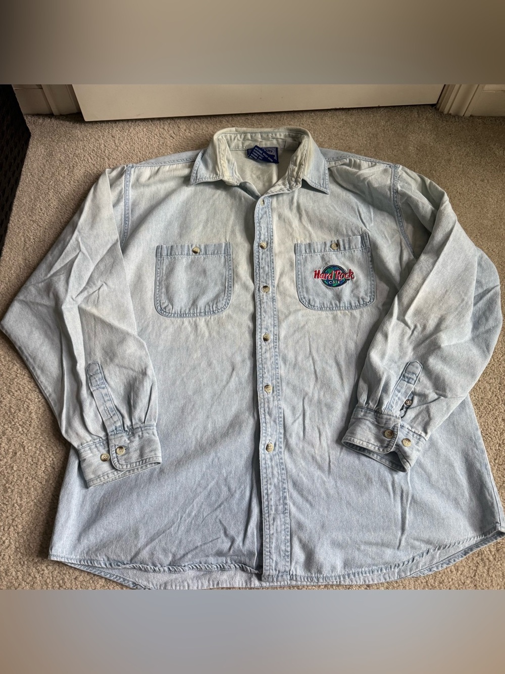 Vintage Hard Rock Cafe Shirt Mens Denim Button Down Light Blue Cotton 90s